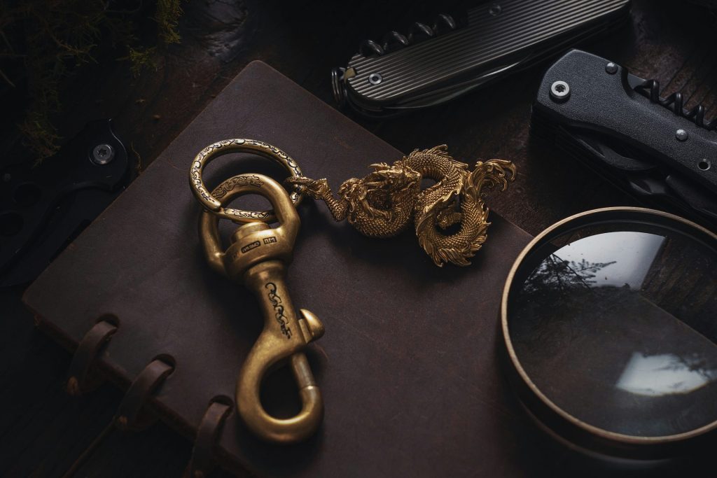 a pair of glasses, a magnifying glass, and a golden keychai